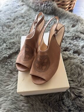 Coach Tan Open-Toe Slingback Wedge Sandals